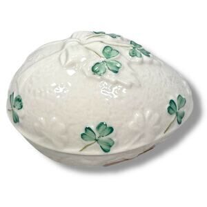 Vintage Belleek Irish Egg Trinket Dish 3" White Green‎ Shamrock Ireland READ